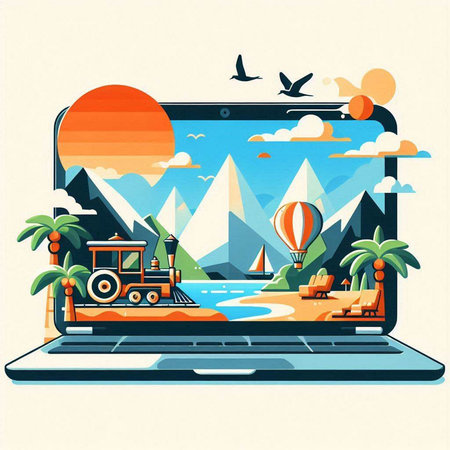 Travel and vacation concept. Laptop with summer landscape. Vector illustrationのイラスト素材