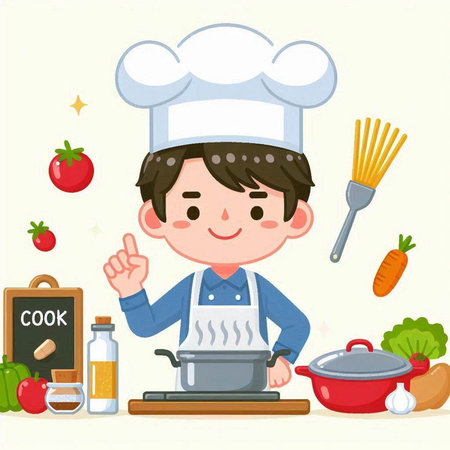 Chef boy cooking in the kitchen. Vector illustration of a cartoon character.のイラスト素材
