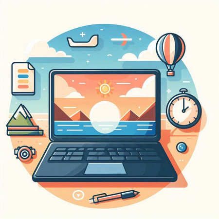 Laptop with flat design concept of travel and vacation. Vector illustrationのイラスト素材