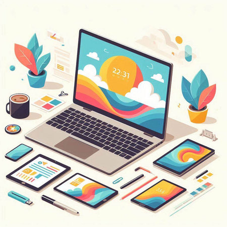Flat design modern vector illustration concept of cloud computing technology. Laptop, mobile phone, tablet and coffee cup.のイラスト素材