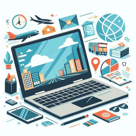 Laptop with different technology elements on white background. Vector illustration.のイラスト素材