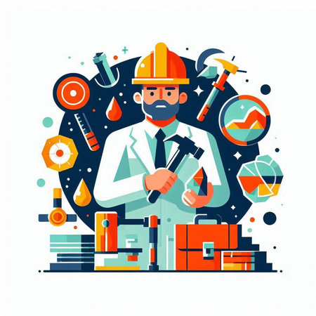 Engineer with tools. Vector illustration in a flat style. Construction industry.のイラスト素材