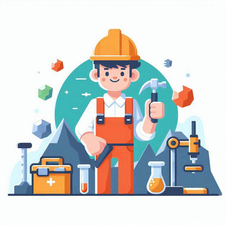Cartoon construction worker with tools. Vector illustration in a flat styleのイラスト素材
