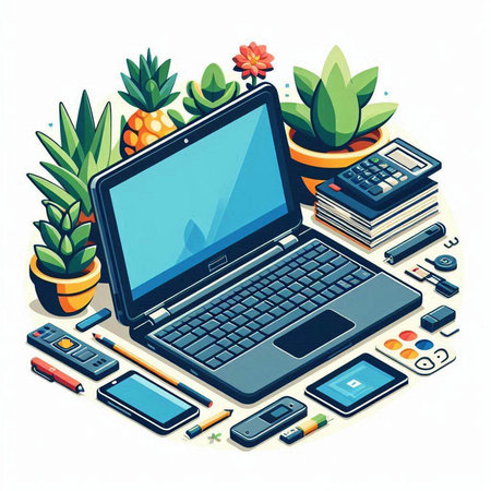 Isometric laptop, smartphone, tablet, notebook, calculator, pen and plant. Vector illustration.のイラスト素材