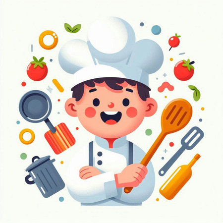 Cute cartoon chef with cooking tools and vegetables. Vector illustration.のイラスト素材