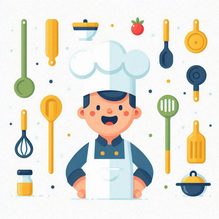 Chef boy with kitchen tools. Vector illustration in cartoon style.のイラスト素材