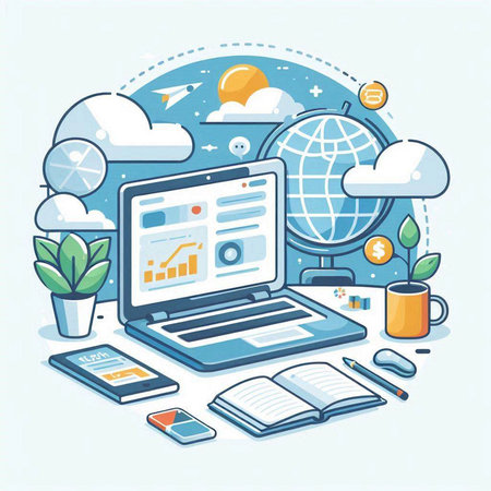 Vector illustration of modern flat design concept of cloud computing, online education, e-learning.のイラスト素材