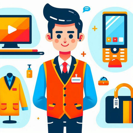 Businessman in orange jacket standing in front of modern gadgets. Vector illustrationのイラスト素材