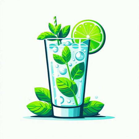 Mojito cocktail with lime, mint and ice. Vector illustration.のイラスト素材