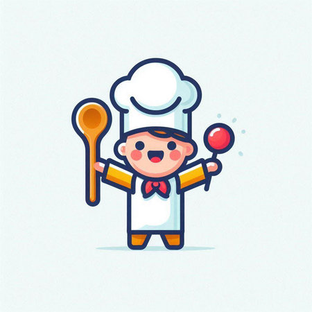 Cute chef boy with spoon and ladle. Vector illustration.のイラスト素材