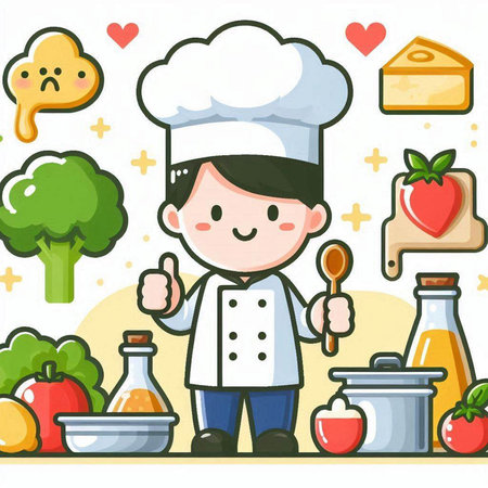 Illustration of a Cute Little Boy Chef Standing in the Kitchen and Cookingのイラスト素材