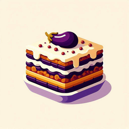 vector illustration of a piece of cake with eggplant on top.のイラスト素材