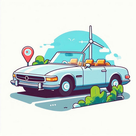 Retro car on the road. Vector illustration in cartoon style.のイラスト素材