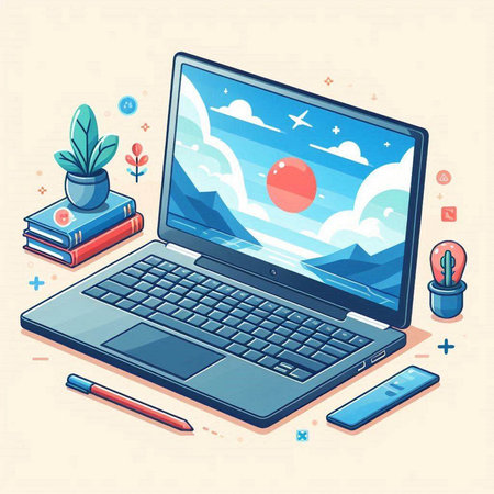 Laptop computer with flat design concept of online education, distance learning, elearning. Vector illustrationのイラスト素材