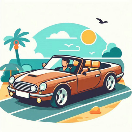 Vector illustration of a man driving a convertible car on the road.のイラスト素材