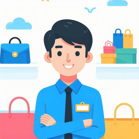 Young man with shopping bags in the store. Vector illustration in cartoon style.のイラスト素材