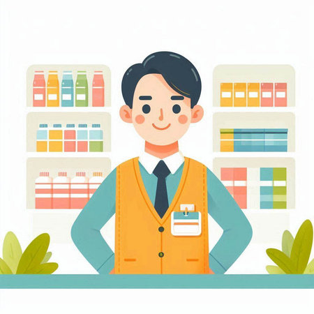 Male pharmacist at the counter in the drugstore. Vector illustration.のイラスト素材