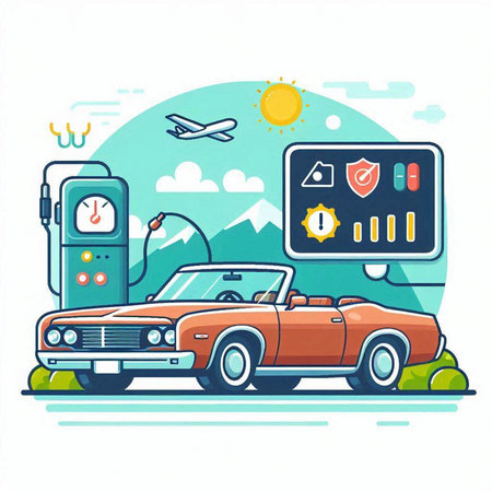 Vector illustration of a retro car in the flat style on the theme of travel.のイラスト素材