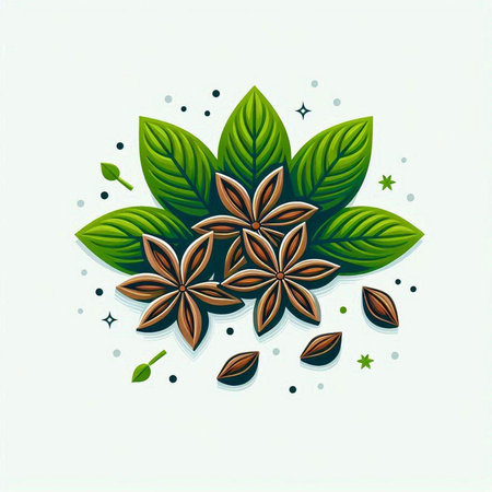 Illustration of Star Anise with green leaves. Vector illustration.のイラスト素材