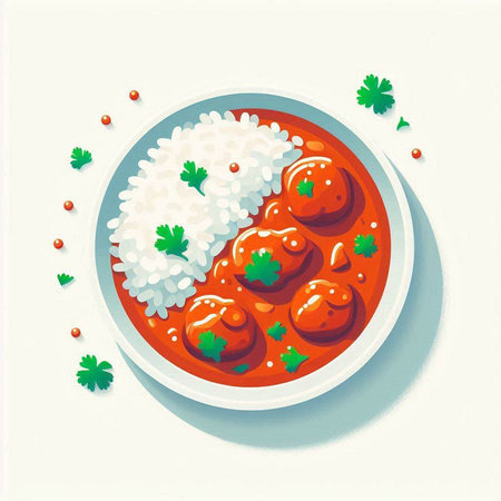 Rice with meatballs in tomato sauce and parsley. Vector illustration.のイラスト素材