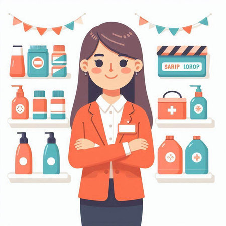 Female pharmacist standing in front of shelves with medicine bottles. Vector illustrationのイラスト素材