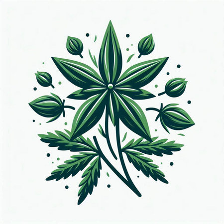 Illustration of a green flower with leaves on a white background.のイラスト素材