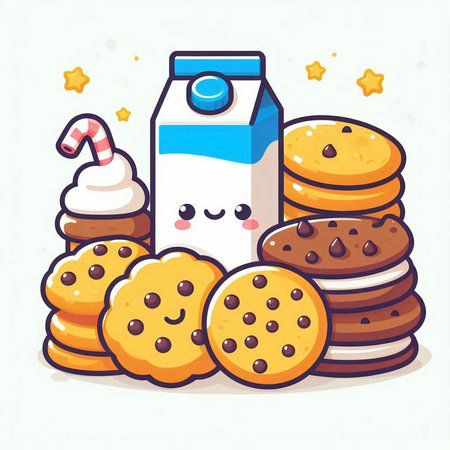 Cute cartoon vector illustration of a stack of chocolate chip cookies and a bottle of milk.のイラスト素材