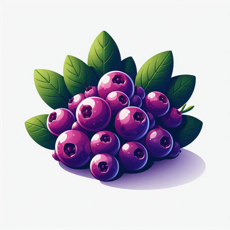 Illustration of a bunch of blueberries with green leaves on a white backgroundのイラスト素材