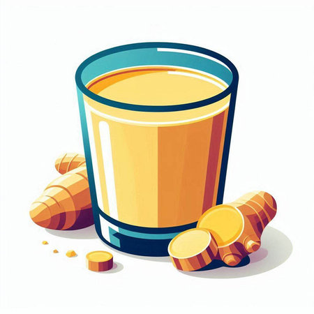 Glass of turmeric juice with fresh turmeric root, vector illustrationのイラスト素材