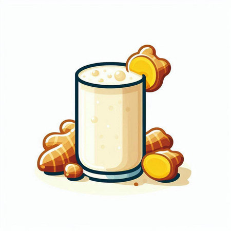 Ginger milk in a glass with ginger root. Vector illustration.のイラスト素材