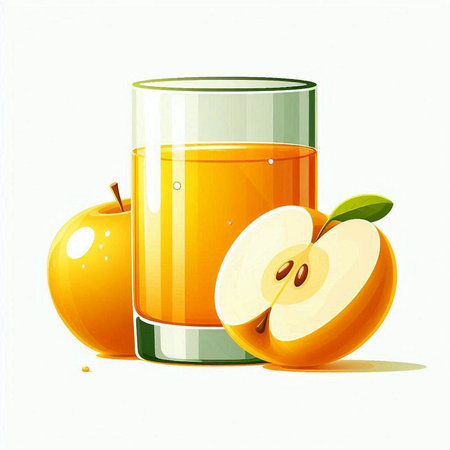 Glass of apple juice and apple slices on white background. Vector illustration.のイラスト素材