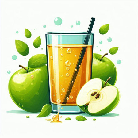 Glass of apple juice with green apples and slices. Vector illustration.のイラスト素材