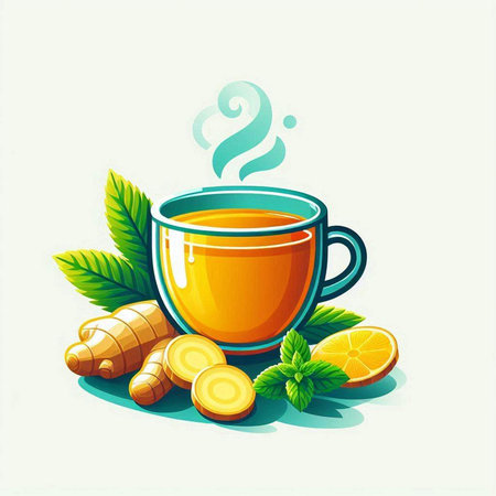 Cup of tea with ginger, lemon and mint. Vector illustration.のイラスト素材