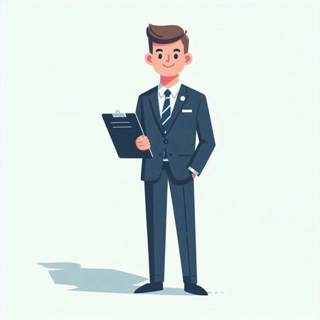 Businessman standing and holding clipboard. Vector illustration in cartoon style.のイラスト素材