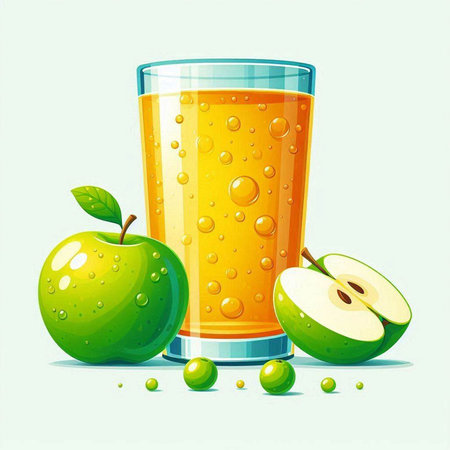 Glass of fresh apple juice with green apples and drops. Vector illustration.のイラスト素材