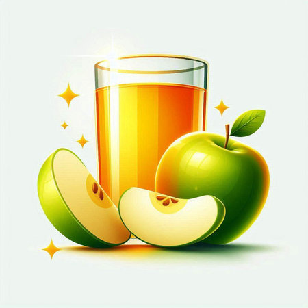 Glass of apple juice and apple slices on white background. Vector illustration.のイラスト素材