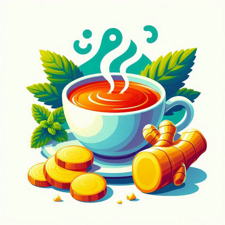 Cup of tea with ginger and mint leaves. Vector illustration.のイラスト素材
