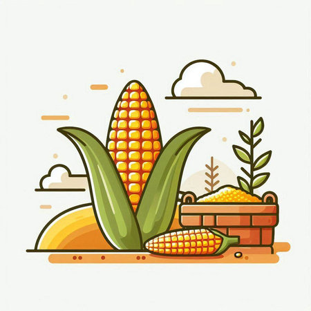 Illustration of corn on the cob in the field. Vector illustrationのイラスト素材