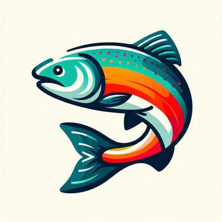 Colorful rainbow trout fish mascot isolated on white background. Vector illustration.のイラスト素材