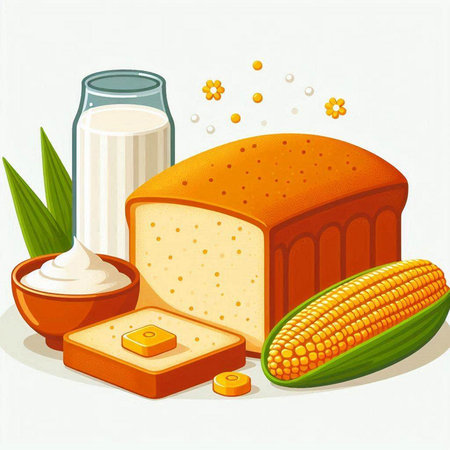 Illustration of dairy products - milk, bread, butter, cornのイラスト素材