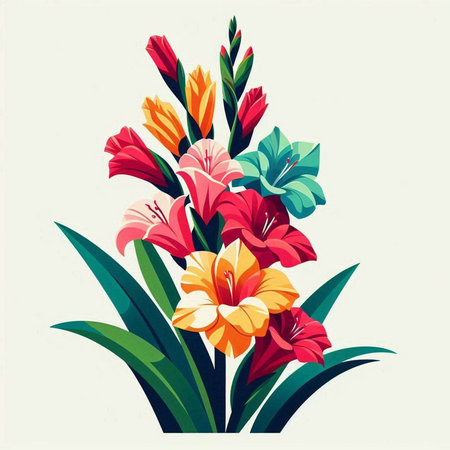 Bouquet of gladiolus in retro style. Vector illustration.のイラスト素材