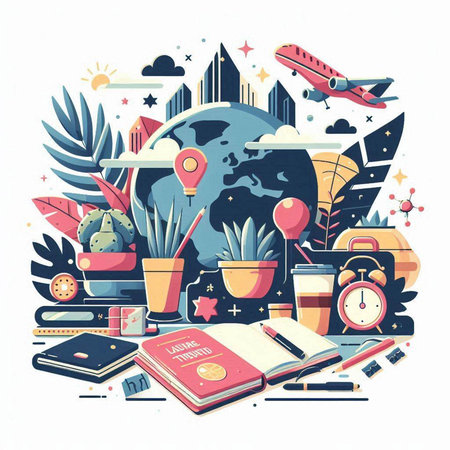 Traveling around the world. Vector illustration in line art style.のイラスト素材