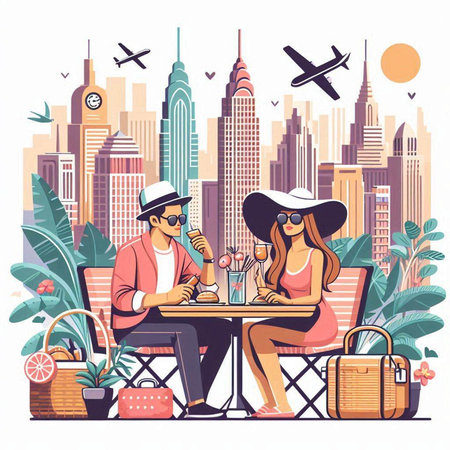 Couple in love sitting at a table in a cafe in the city. Vector illustrationのイラスト素材