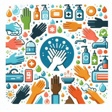 Coronavirus prevention concept. Washing hands with soap and alcohol gel. Vector illustrationのイラスト素材