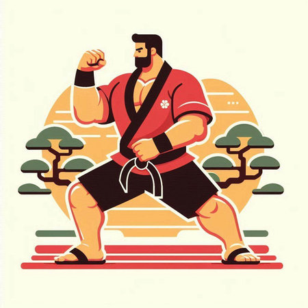 Karate man in kimono and red belt vector illustration.のイラスト素材