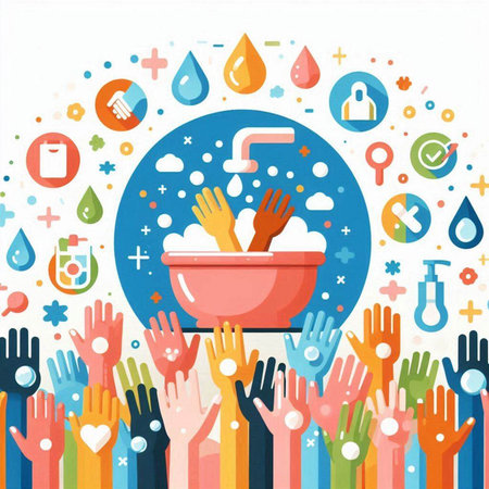 Hands washing with soap and water in a sink. Vector illustration.のイラスト素材
