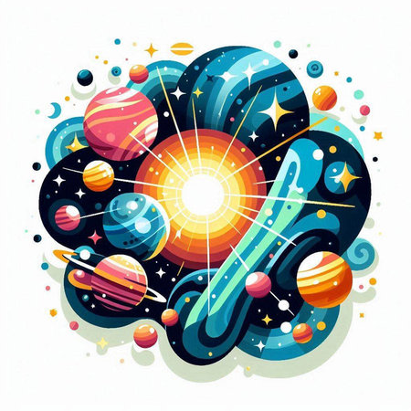 Space vector illustration with planets, stars, comets and sun.のイラスト素材