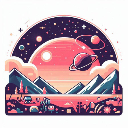 Fantasy landscape with mountains, sun and planets. Vector illustration.のイラスト素材