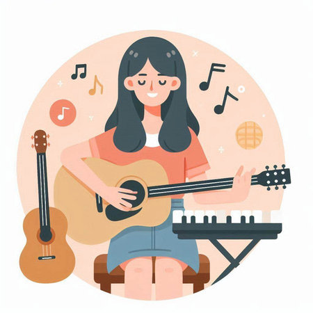 Girl playing guitar. Vector illustration in flat style. Music concept.のイラスト素材