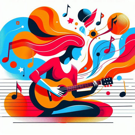 Girl playing the guitar on a colorful background with notes. Vector illustration.のイラスト素材
